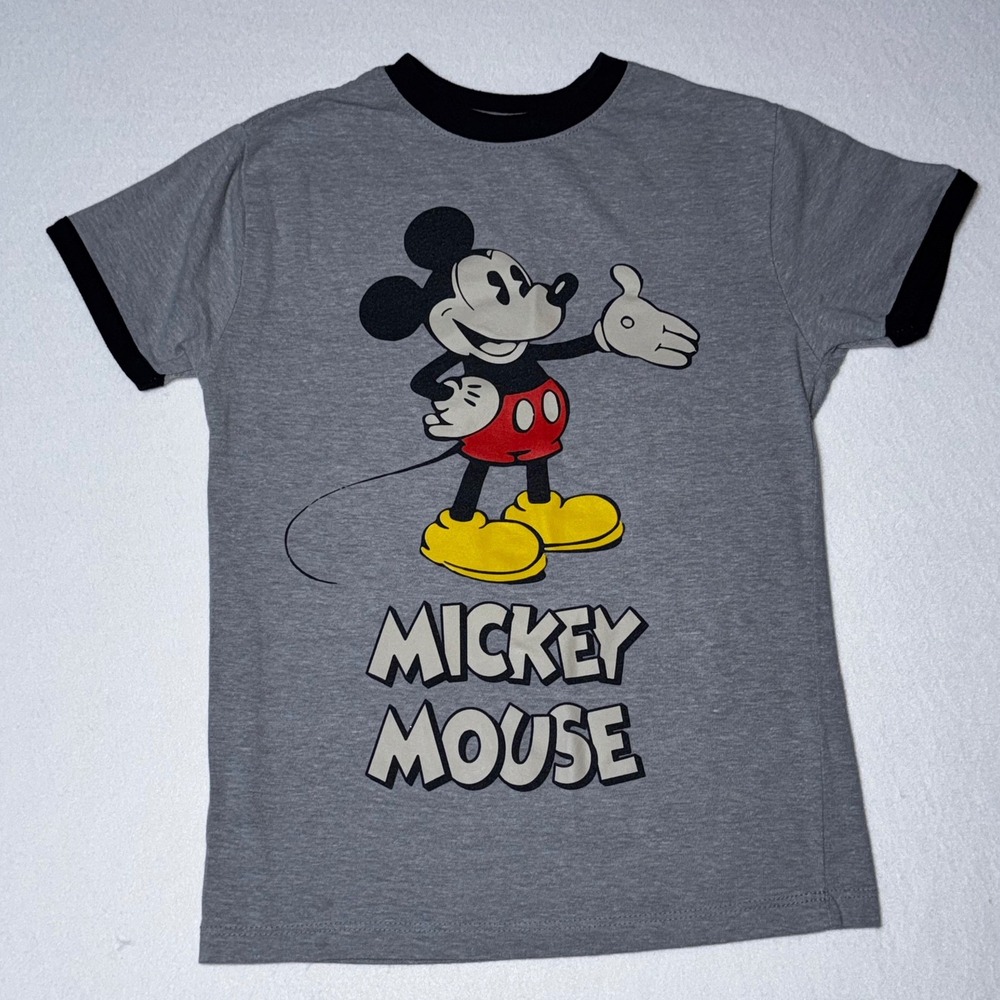 Disney Mickey Mouse Kids Gray Graphic Ringer T Shirt Size Small 6/7‎